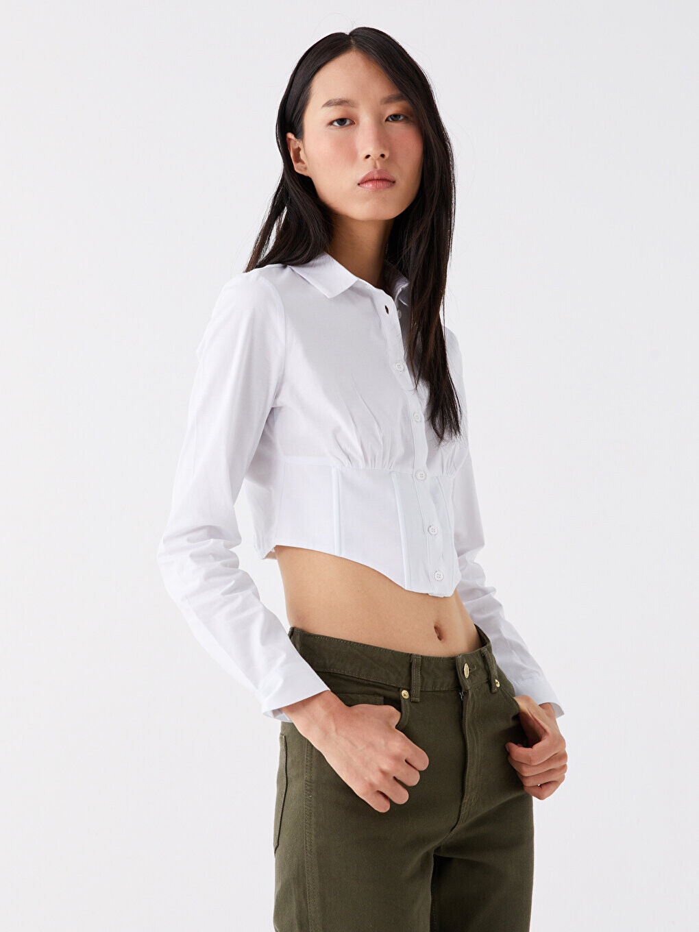 

Простая укороченная женская рубашка с длинным рукавом LCW Casual