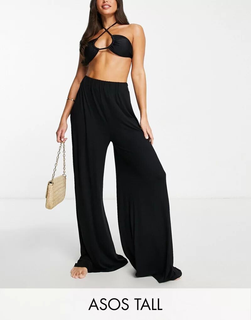 

Черные пляжные брюки-палаццо из джерси ASOS DESIGN Tall