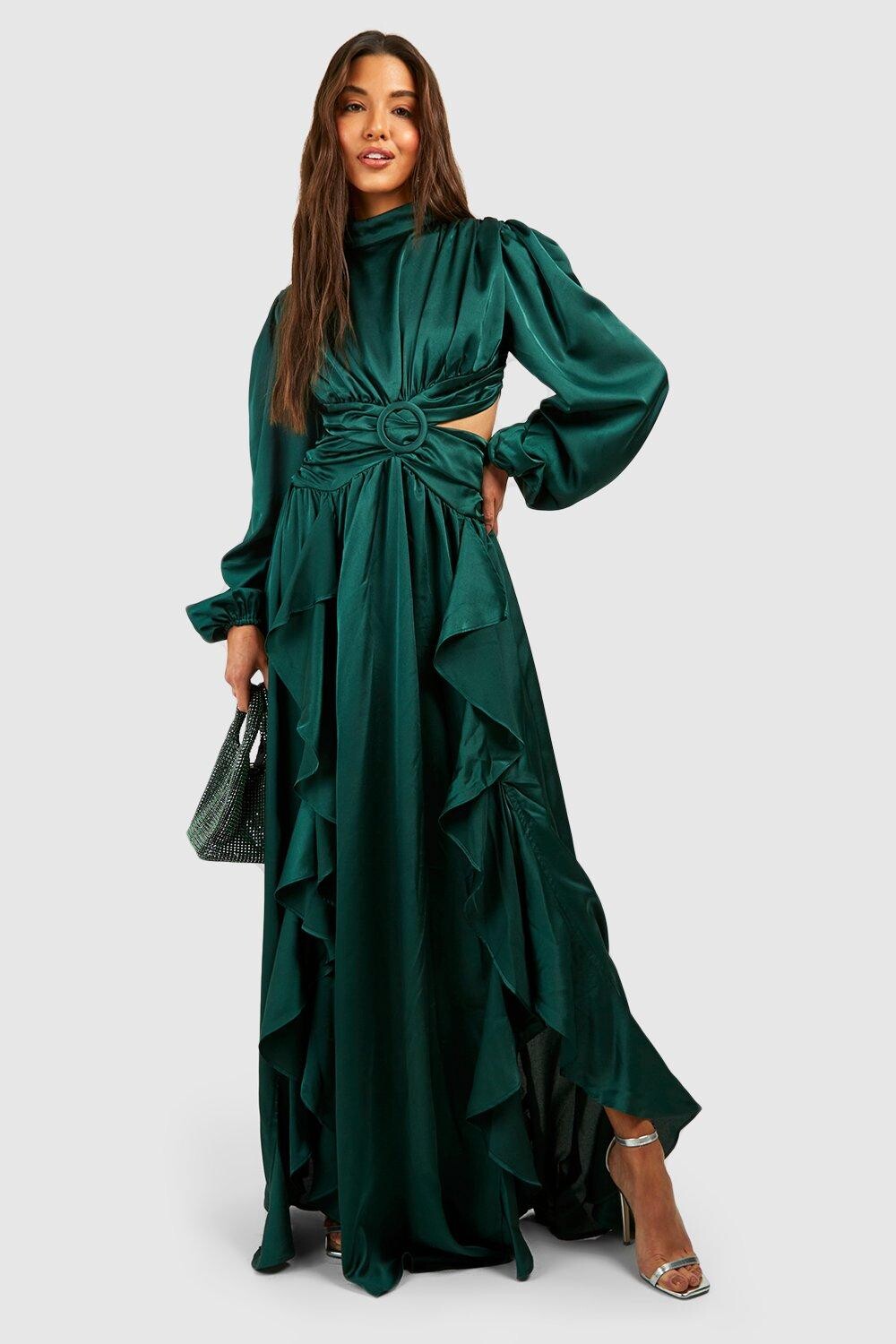

Атласное платье макси с высоким воротником и оборками boohoo, зеленый