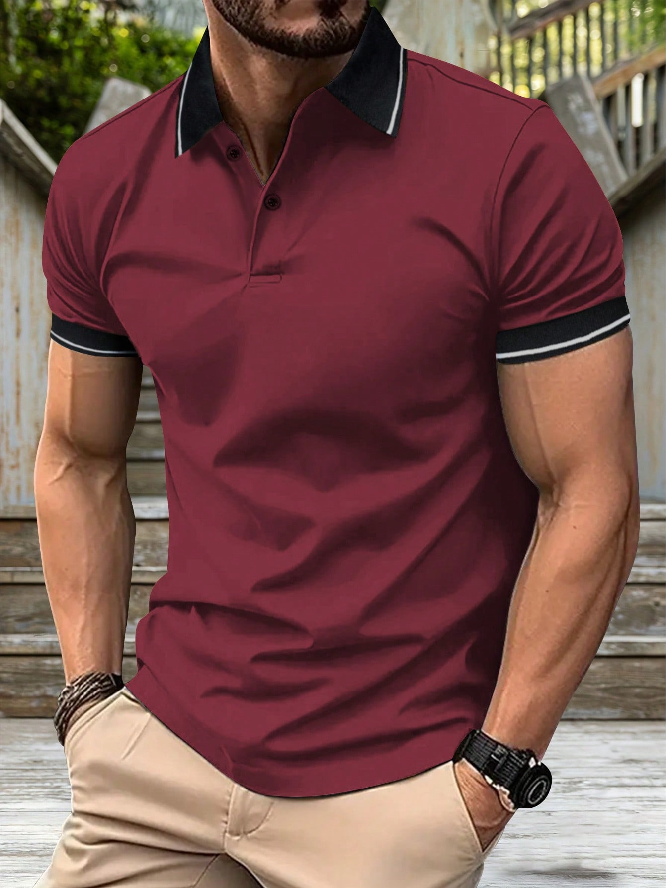 Мужская рубашка поло с короткими рукавами и пуговицами с контрастной отделкой, бургундия