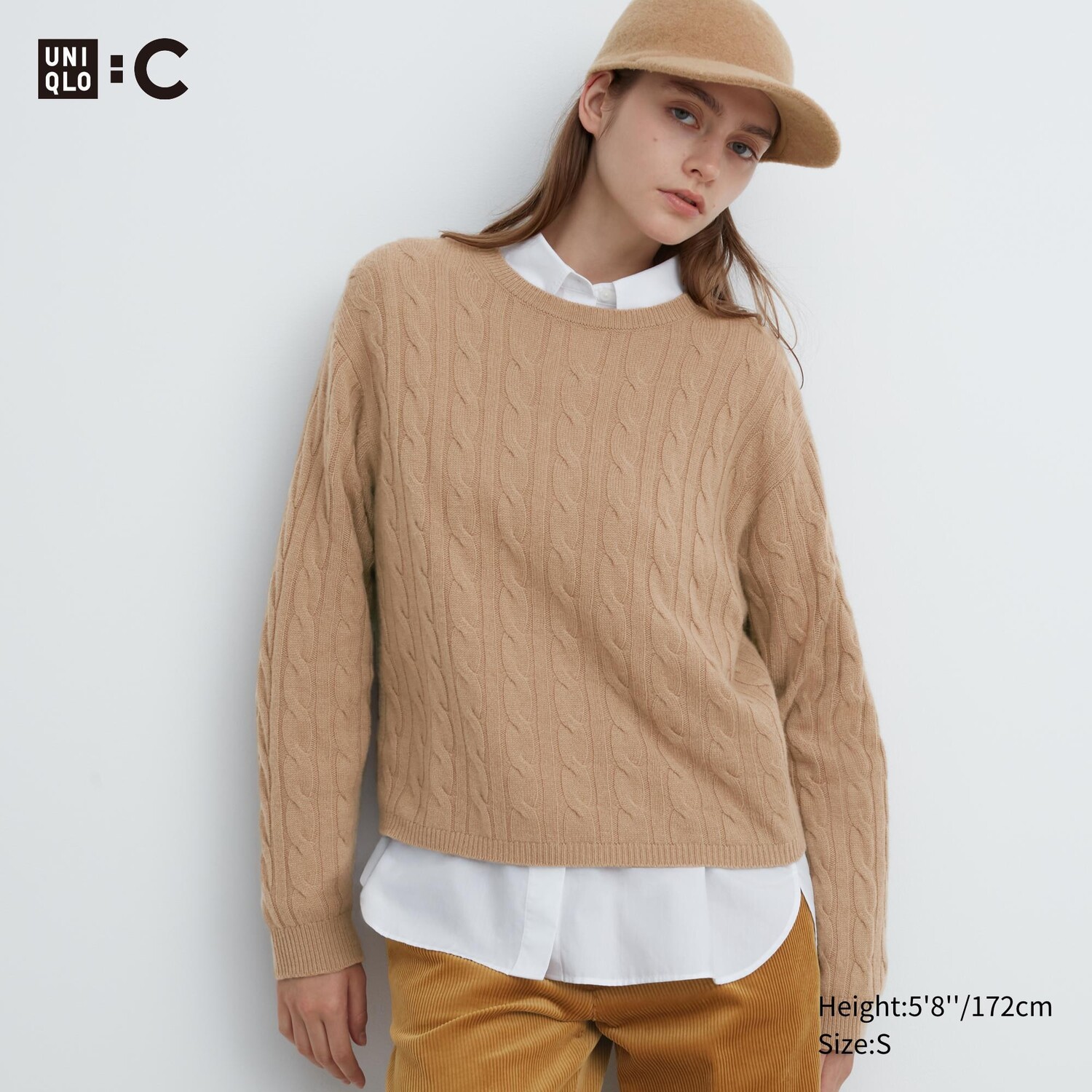 

Укороченный джемпер косой вязки из 100% кашемира с круглым вырезом Uniqlo, бежевый