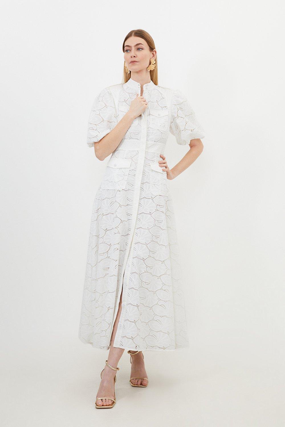 Хлопковое тканое платье макси с ажурной вышивкой Karen Millen, белый