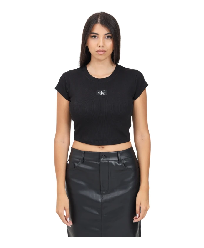

Хлопковая футболка в рубчик с логотипом Calvin Klein Jeans, черный