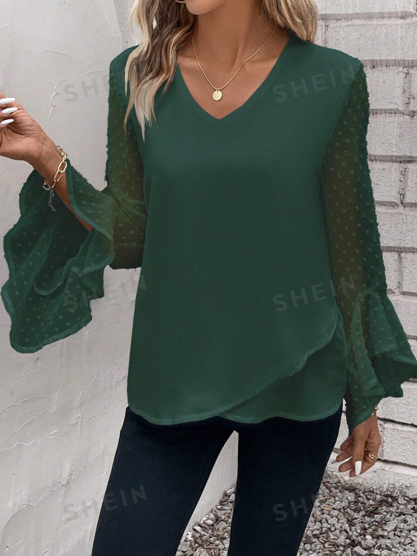 SHEIN Clasi Swiss Блузка с рукавами-колокольчиками и запахом в горошек, зеленый женская рубашка с расклешенными рукавами однотонная повседневная элегантная блузка с расклешенными рукавами осень зима 2023