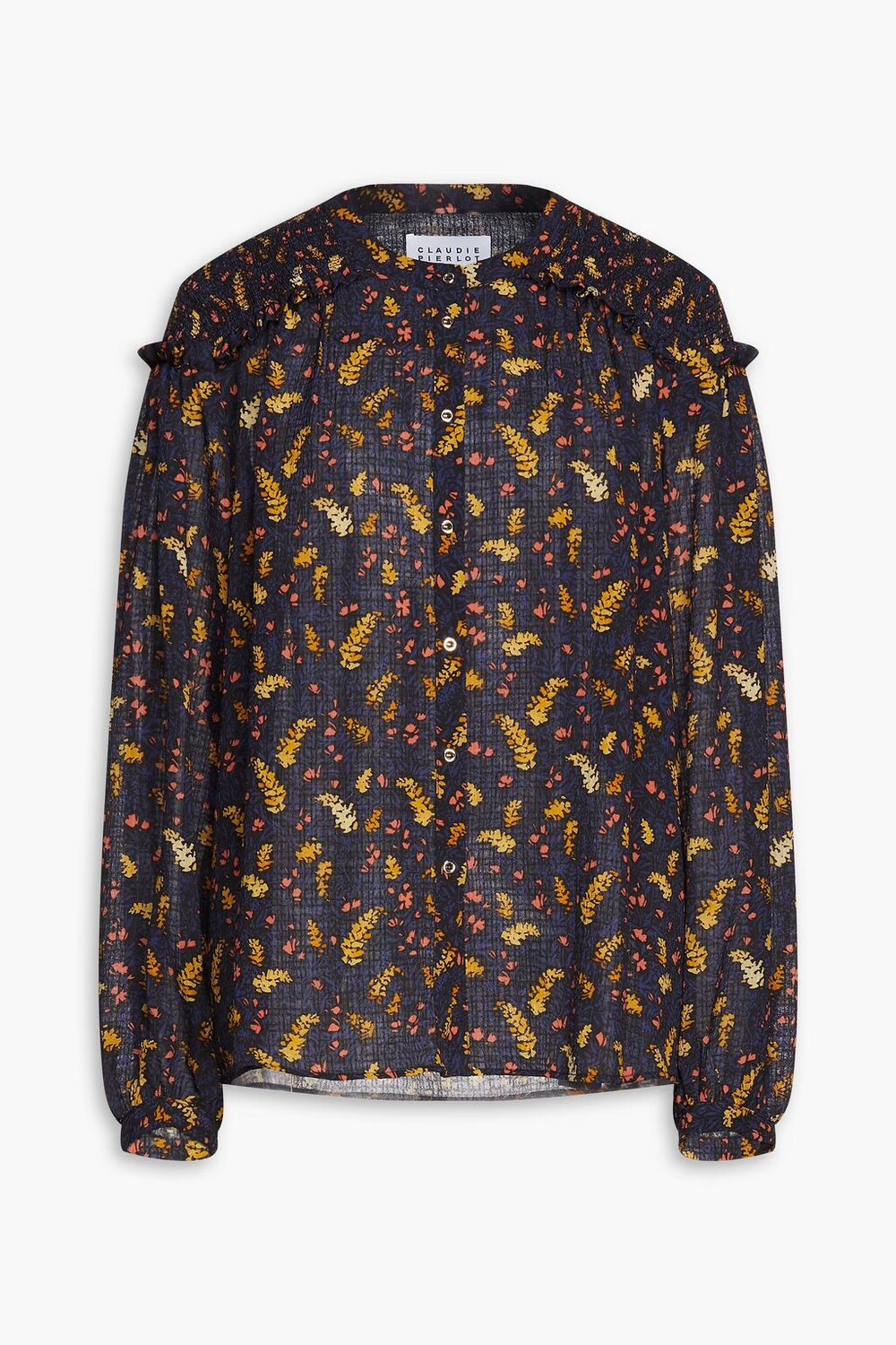 

Креповая рубашка с присборенными краями и цветочным принтом Claudie Pierlot, темно-синий
