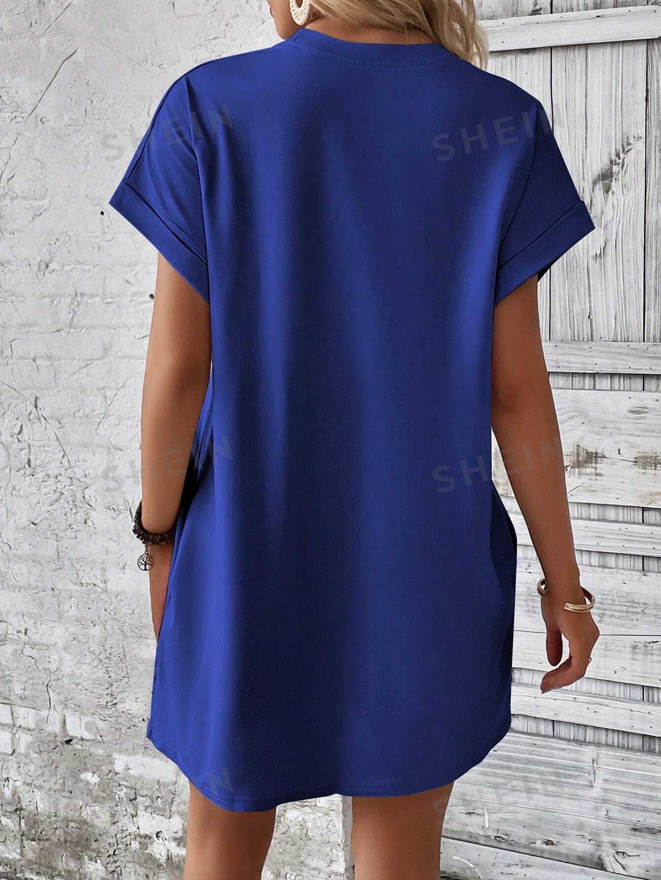 SHEIN LUNE Однотонное платье с рукавами «летучая мышь» и диагональными карманами, королевский синий