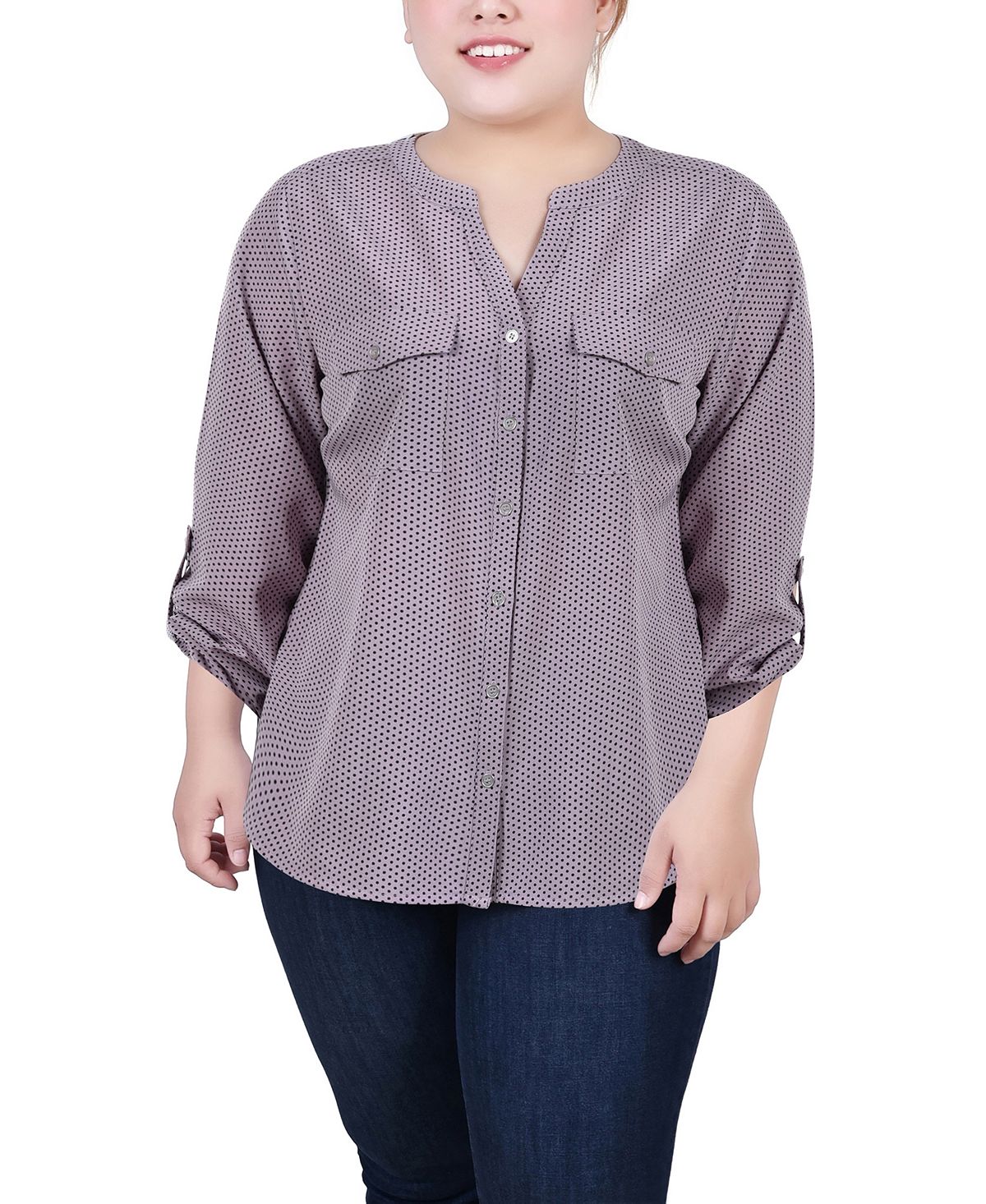 Блуза больших размеров с рукавами 3/4, завернутым хлястиком и Y-образным вырезом NY Collection