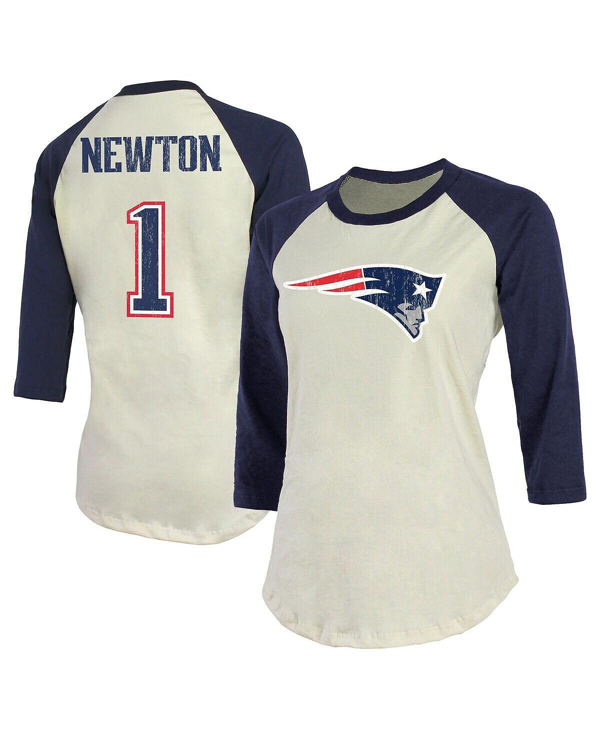 

Женская футболка кремового и темно-синего цвета с логотипом Cam New England Patriots Player реглан с именем и номером, рукавом 3/4 Fanatics