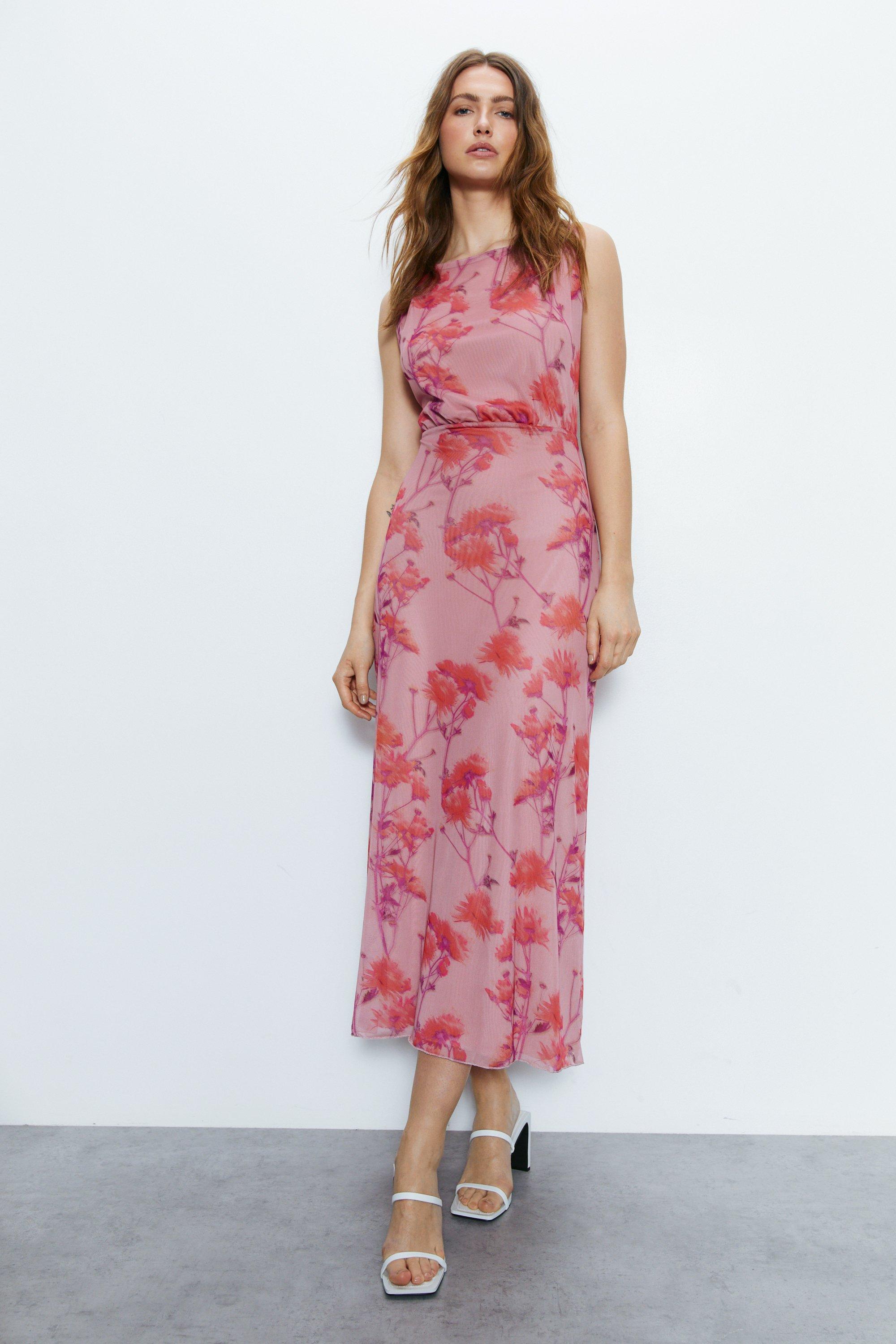 Платье миди с открытой спиной и цветочным принтом Warehouse, розовый