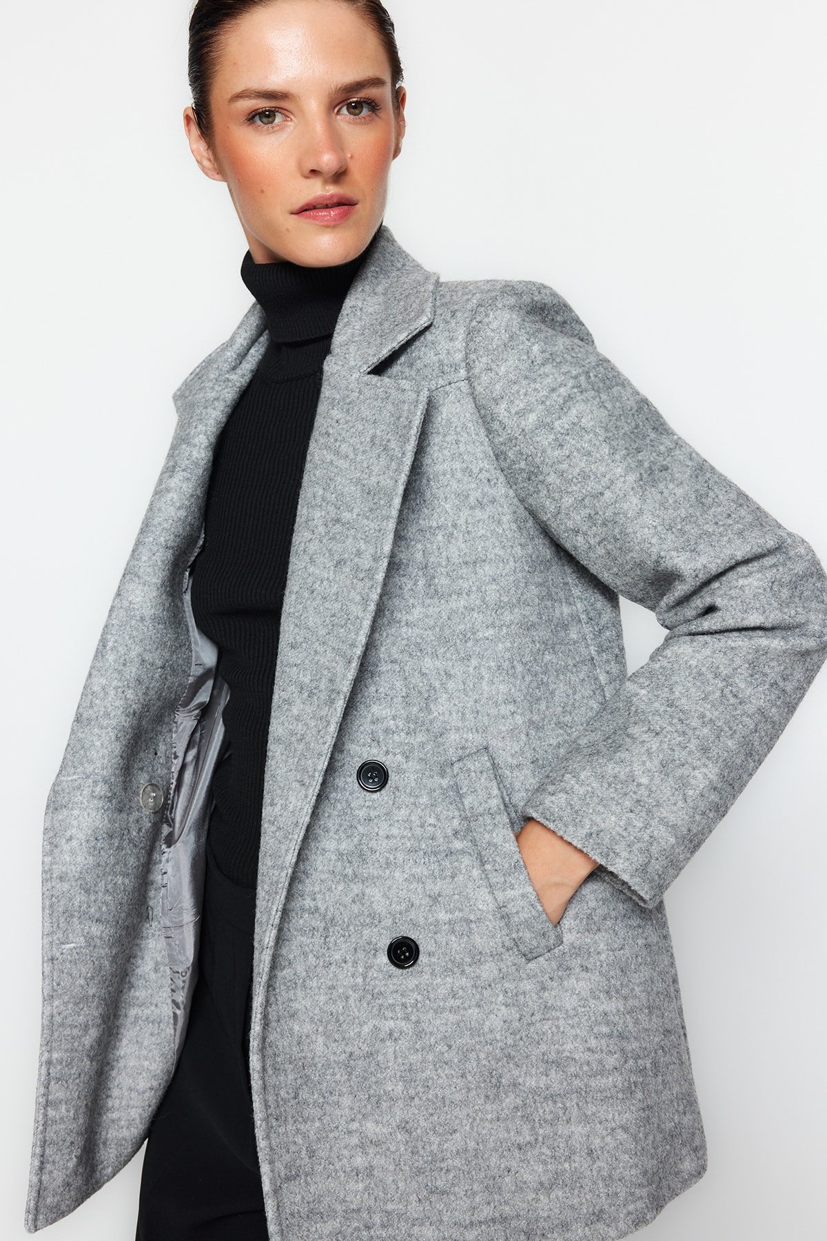 Пальто Trendyol оверсайз шерстяное кашемировое широкого кроя, серый модное новое розовое кашемировое шерстяное пальто 2023 зимнее пальто женская верхняя одежда женское длинное утепленное шерстяное пальто ж