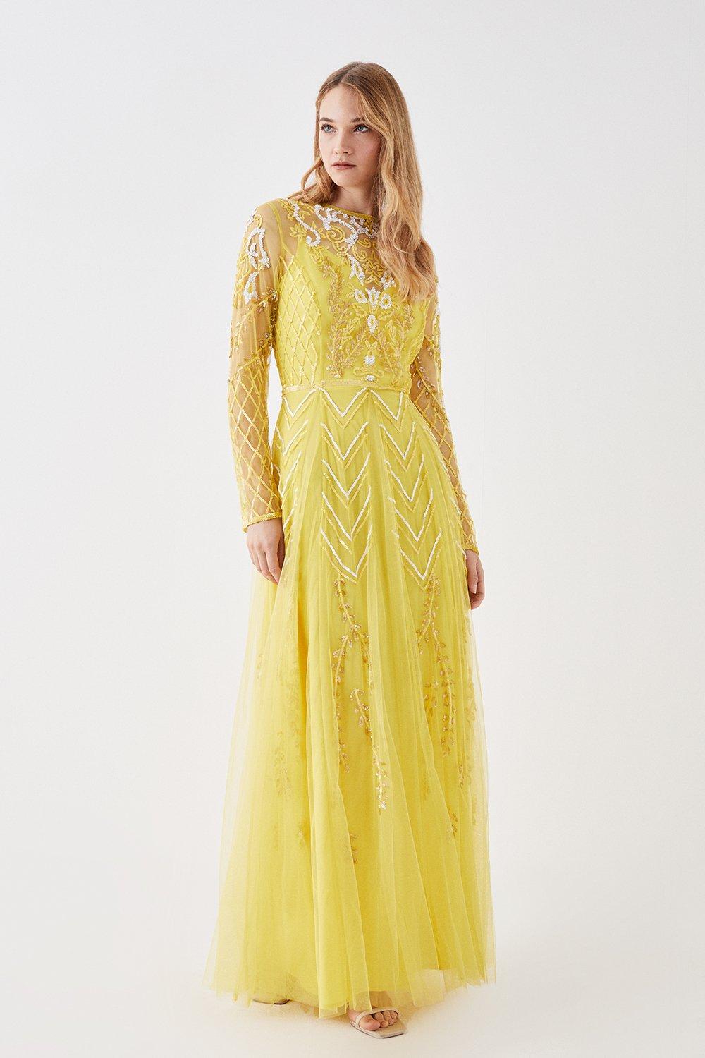 Платье макси с длинным рукавом, расшитое вручную бисером Coast, желтый платье oodji нежного цвета 42 размер новое