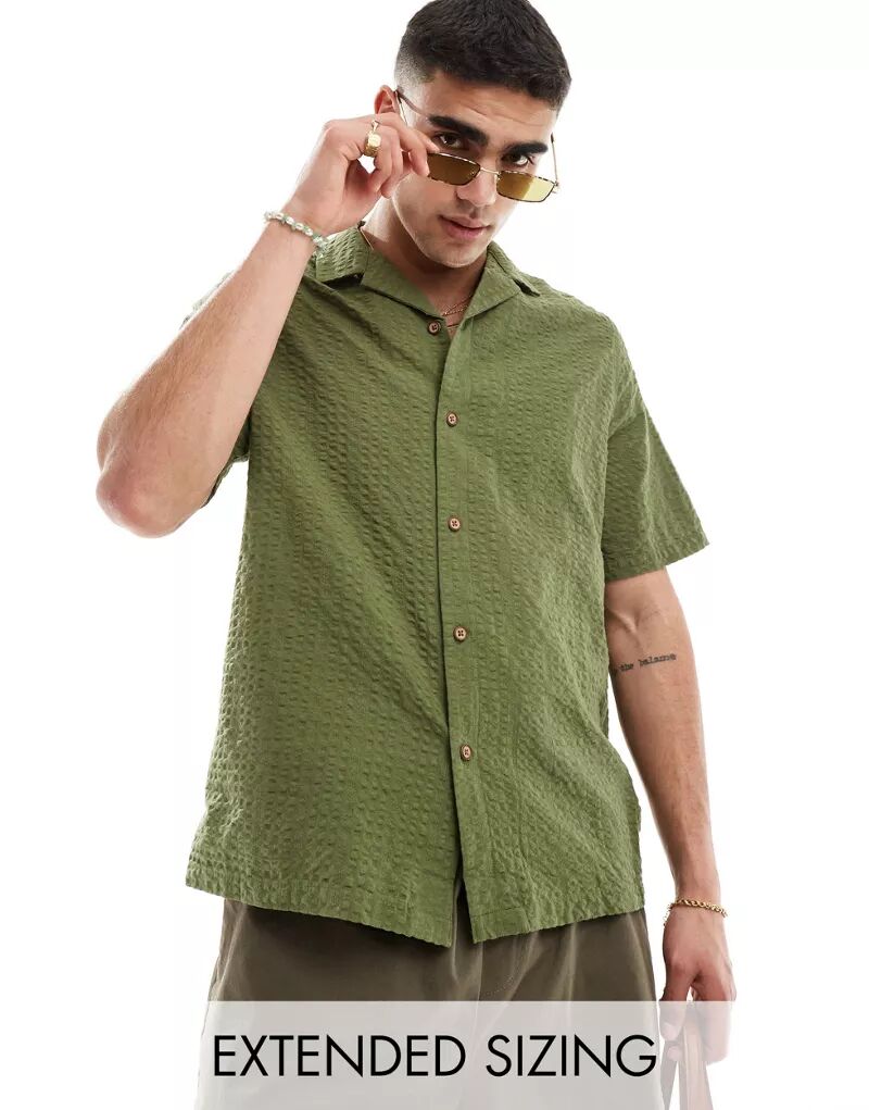 Зеленая рубашка из жатого хлопка с короткими рукавами ASOS в стиле 90-х годов
