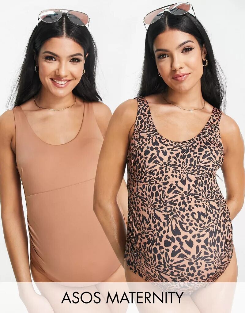 

Набор из двух коричневых купальников с овальным вырезом ASOS DESIGN Maternity, Коричневый