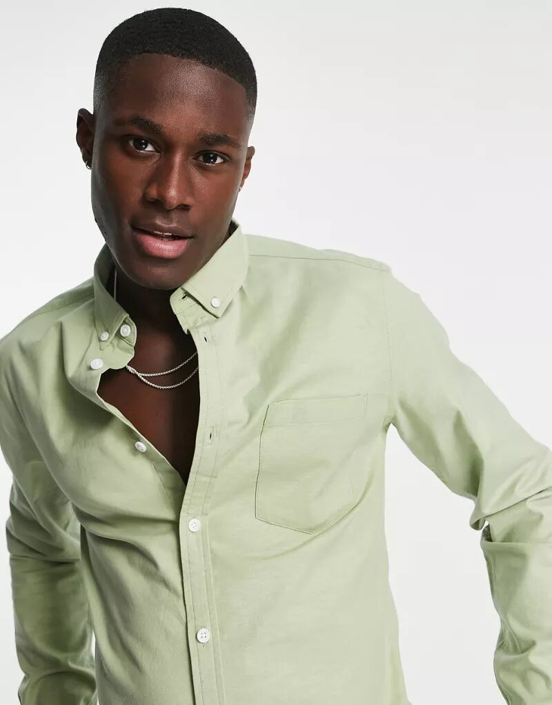 Узкая оксфордская рубашка серо-зеленого цвета ASOS