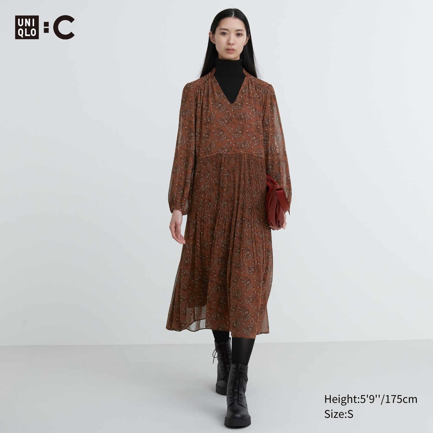 

Шифоновое плиссированное платье с длинными рукавами и принтом Uniqlo, коричневый