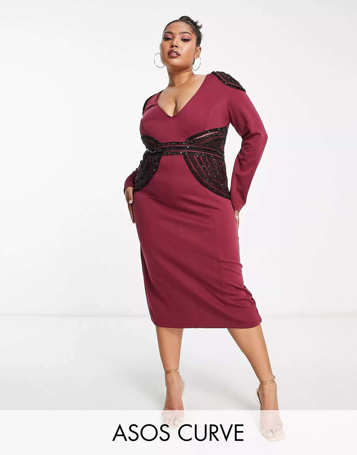 

Сливовое платье миди с глубоким вырезом и длинными рукавами ASOS DESIGN Curve