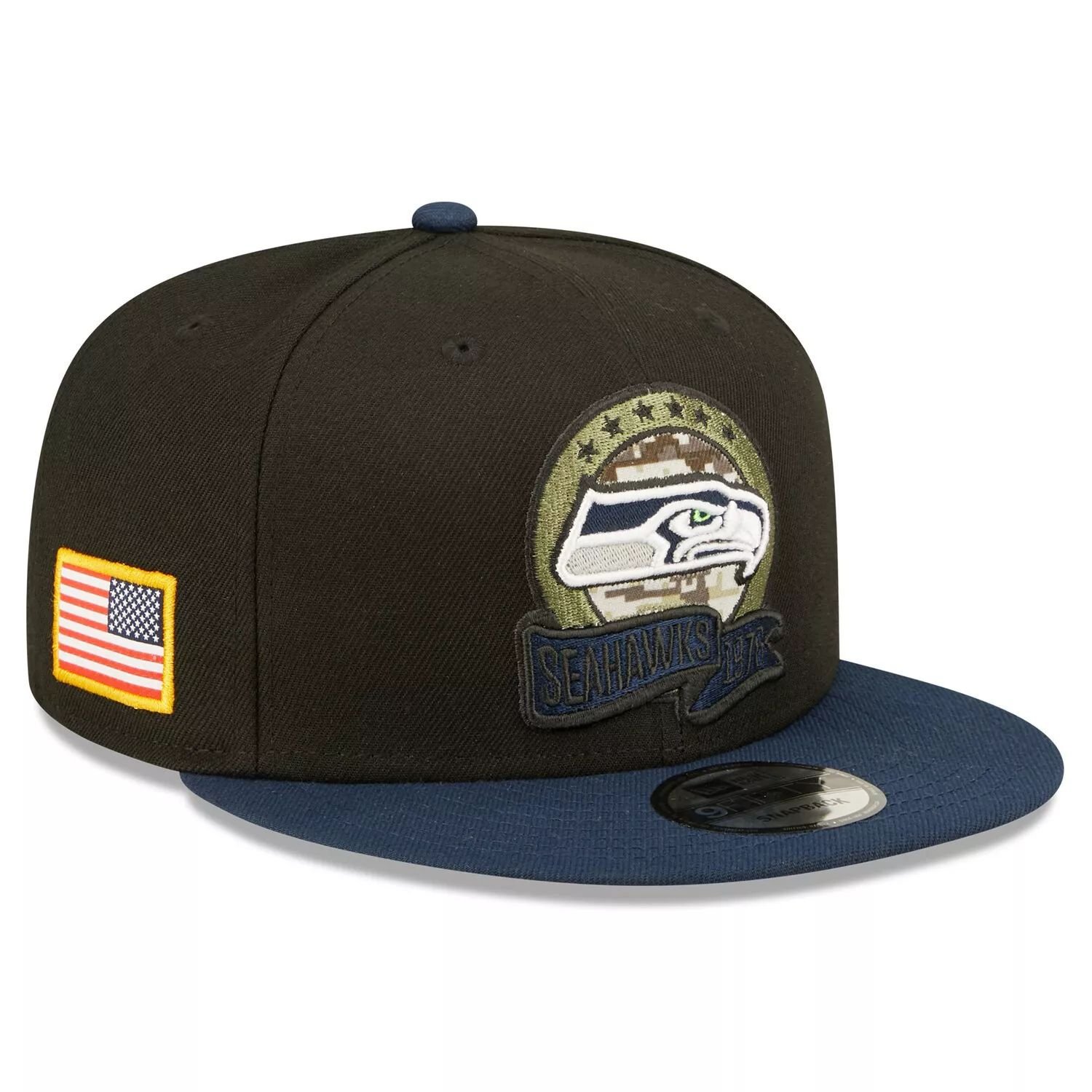 

Мужская кепка Snapback New Era черная/темно-синяя Seattle Seahawks 2022 Salute To Service 9FIFTY