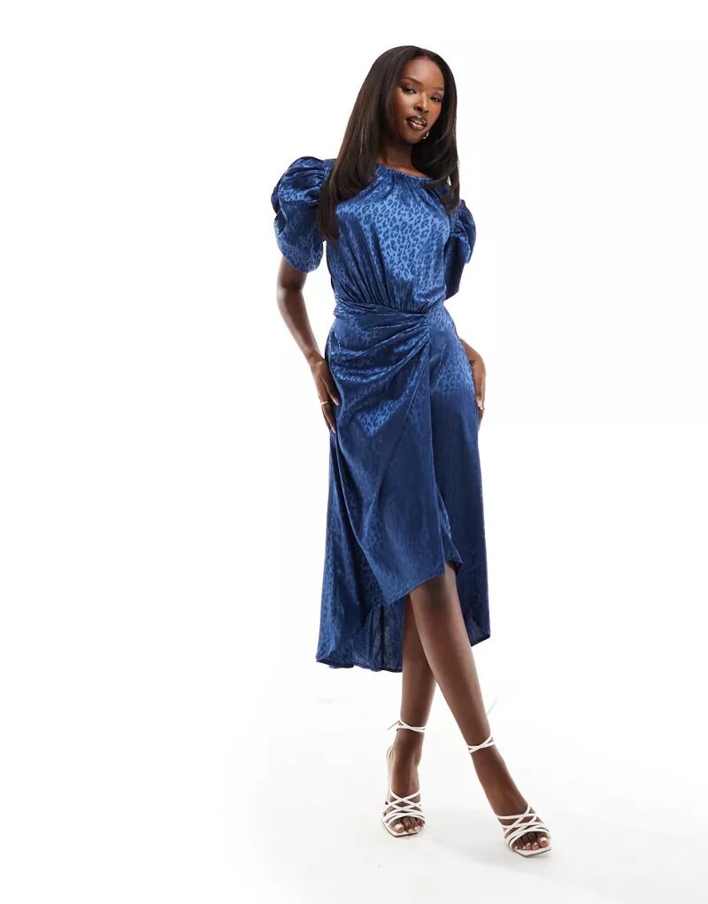 Темно-синее атласное платье миди с объемными рукавами и драпировкой AX Paris