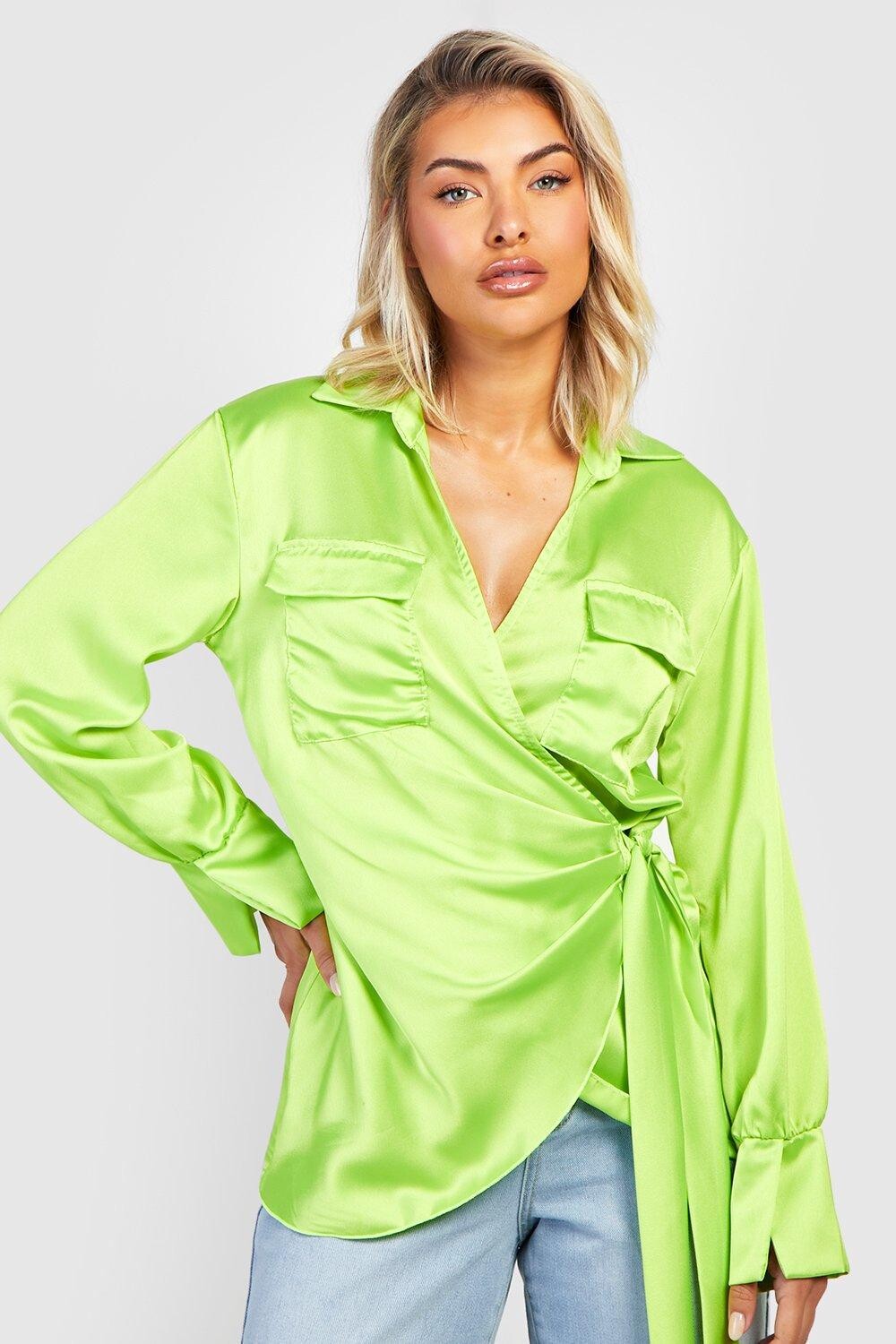 

Атласная рубашка с карманами Boohoo, лаймовый