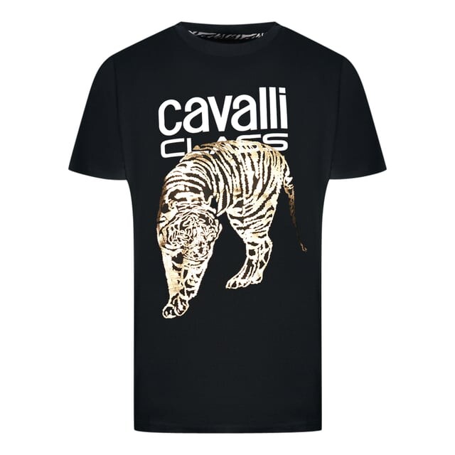 

Футболка с большим золотым логотипом в виде тигра Cavalli Class, черный