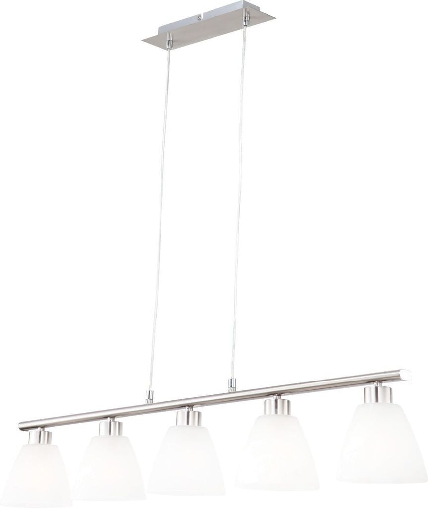 

Подвесной светильник Globo Lighting из металла, матовый никель, стекло, белый, высоту можно укорачивать, ДхШхВ: 930x130x1200 мм, без 5x E14 40Вт 230В., серебро