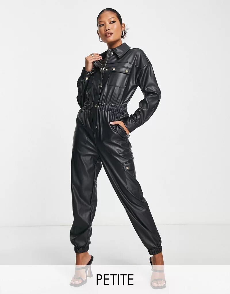 

Черный комбинезон из искусственной кожи Miss Selfridge Petite с присборенной талией
