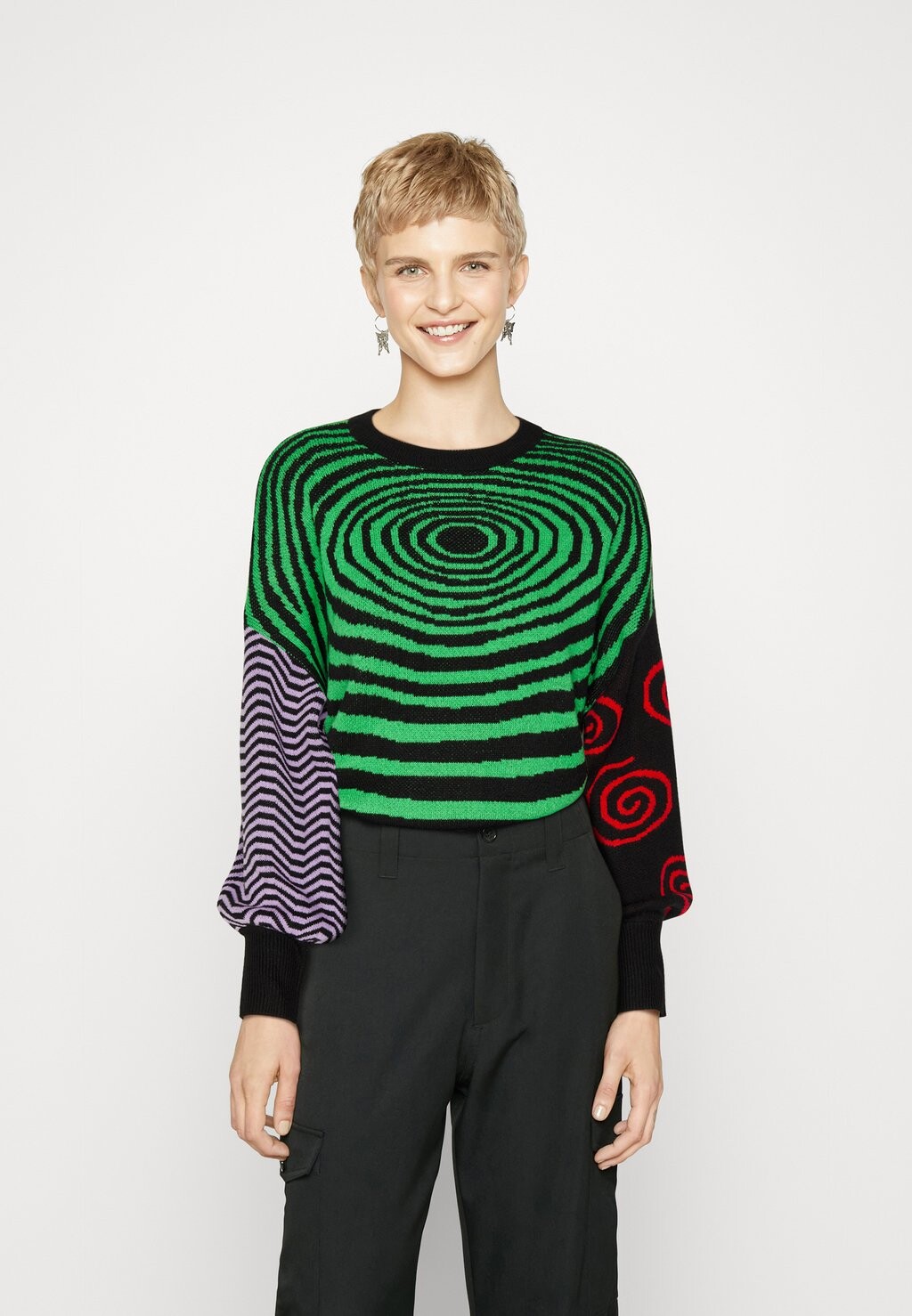 

Свитер Onlhilla Mix Box Oneck ONLY, цвет black/island green/lavendula/flame scarlet