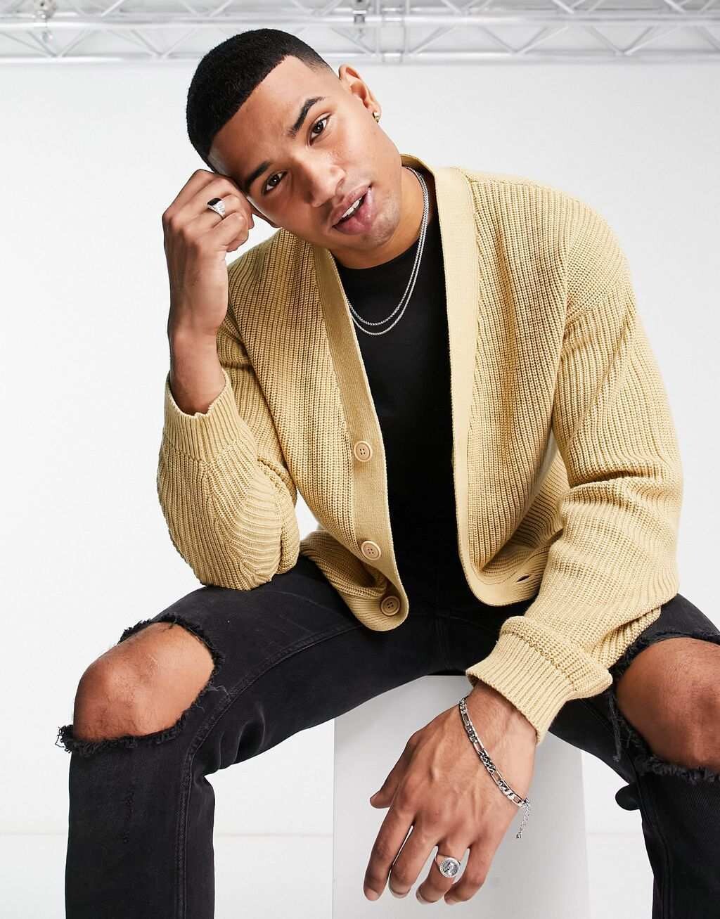 

Бежевый объемный кардиган в рубчик крупного кроя Jack & Jones