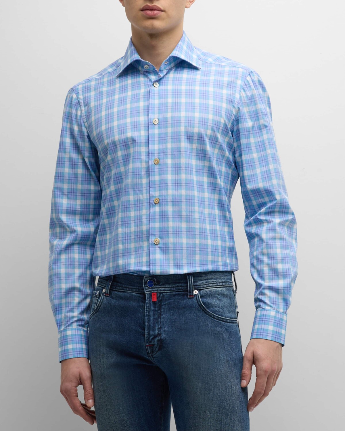 

Мужская хлопковая спортивная рубашка в клетку Kiton, цвет Blue