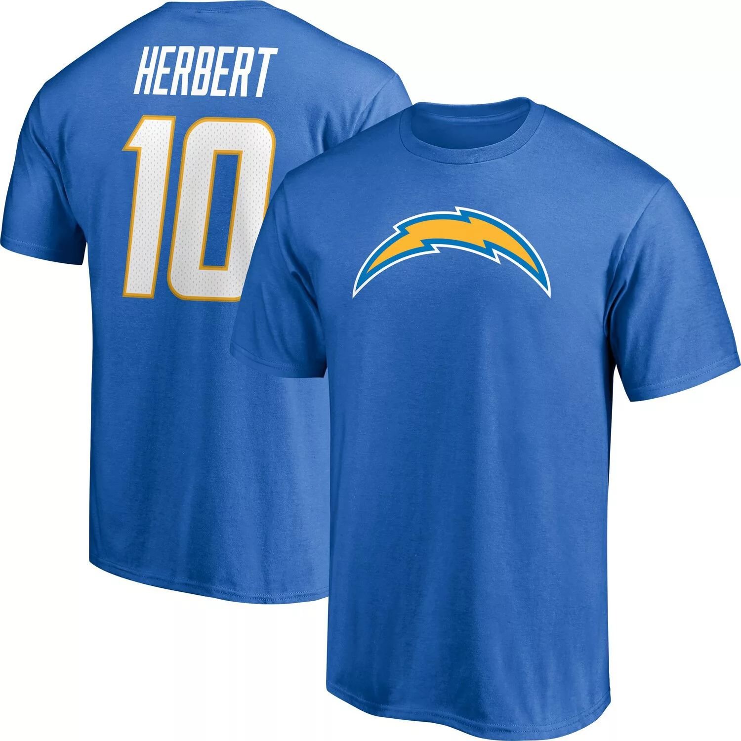 

Мужская футболка с логотипом Justin Herbert Powder Blue Los Angeles Chargers со значком игрока, именем и номером Fanatics