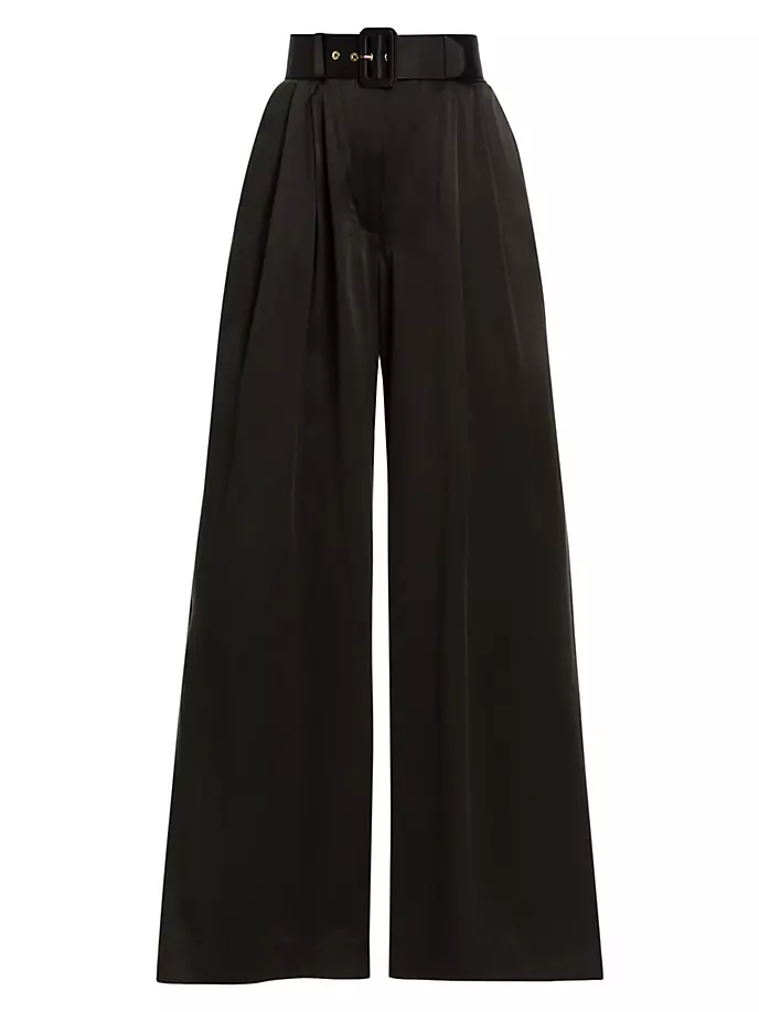 Широкие шелковые брюки со складками на поясе Zimmermann, черный