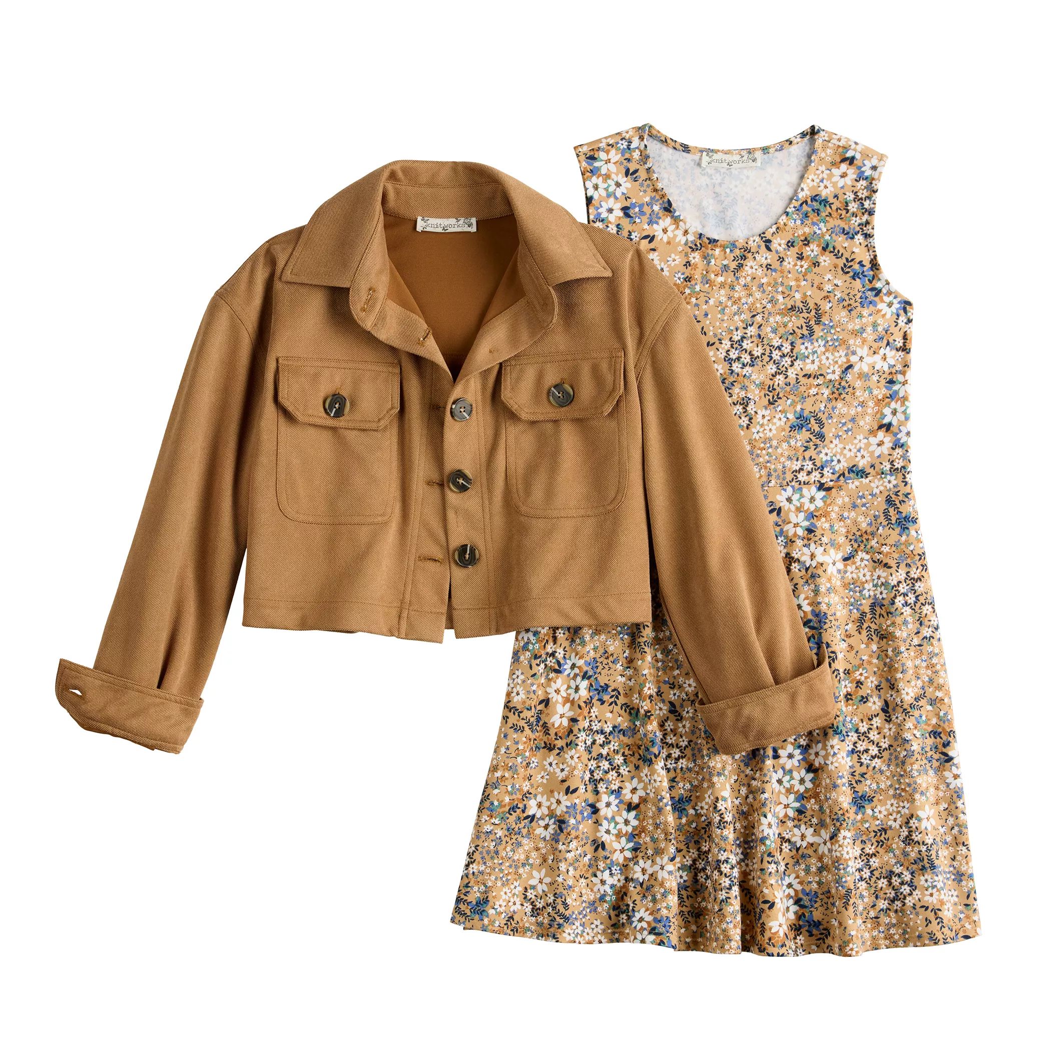 Комплект из трикотажного платья с цветочным принтом и замшевой куртки для девочек 7–16 лет плюс Knit Works
