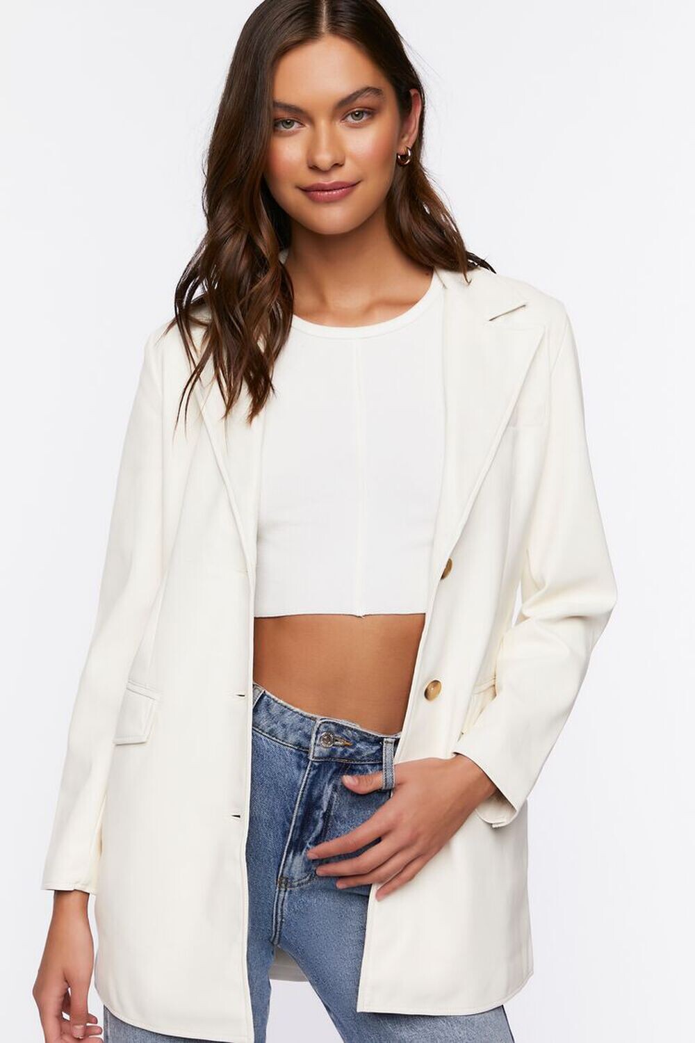 

Блейзер из искусственной кожи с поясом Forever 21, кремовый