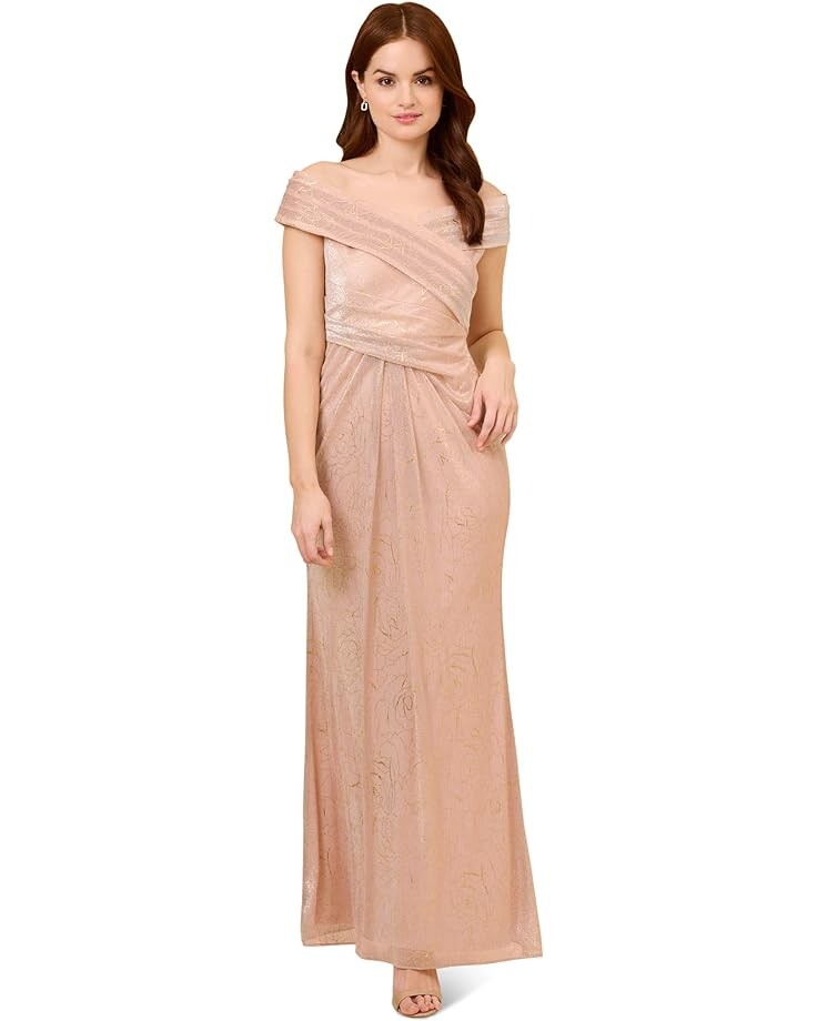 

Платье Adrianna Papell Off-the-Shoulder Metallic Stencil Gown, золотой