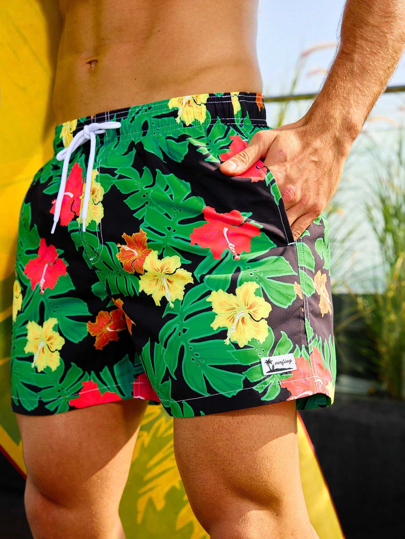Мужские пляжные шорты с завязками на талии и принтом тропических растений, апельсин цена и фото
