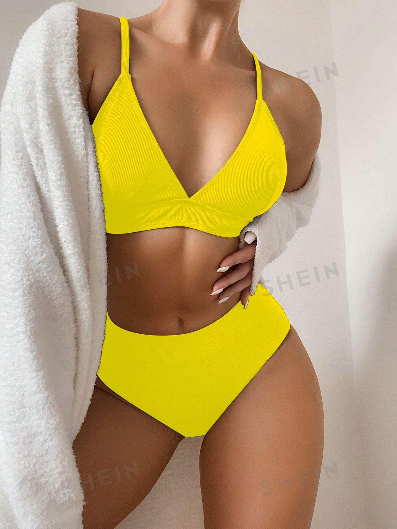 SHEIN Беспроводной комплект бикини Swim Basics с V-образным вырезом, желтый фото