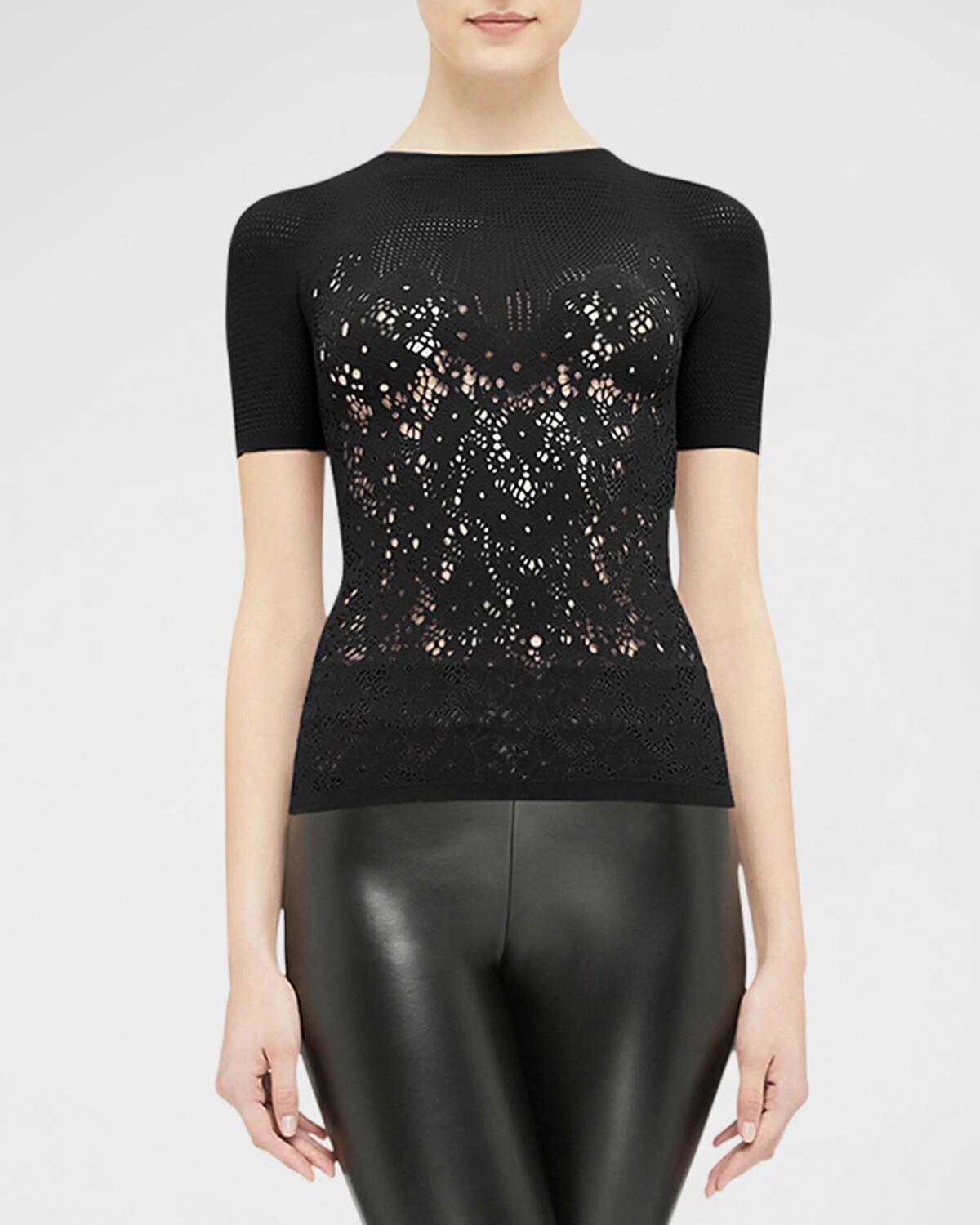 

Узкий топ с короткими рукавами из цветочного кружева Wolford, цвет Black