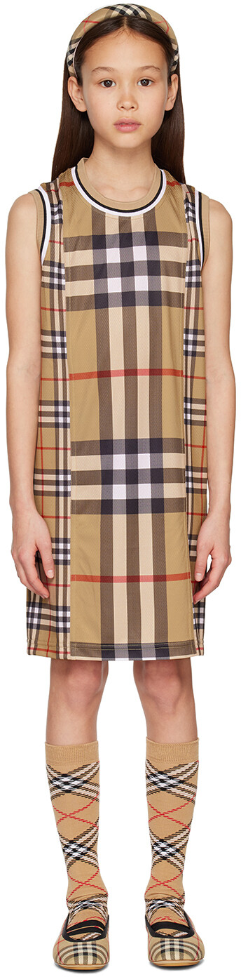 

Детское бежевое платье в клетку с контрастом Burberry