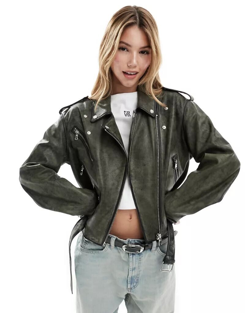 

Зеленая кожаная косуха ASOS с потертыми деталями