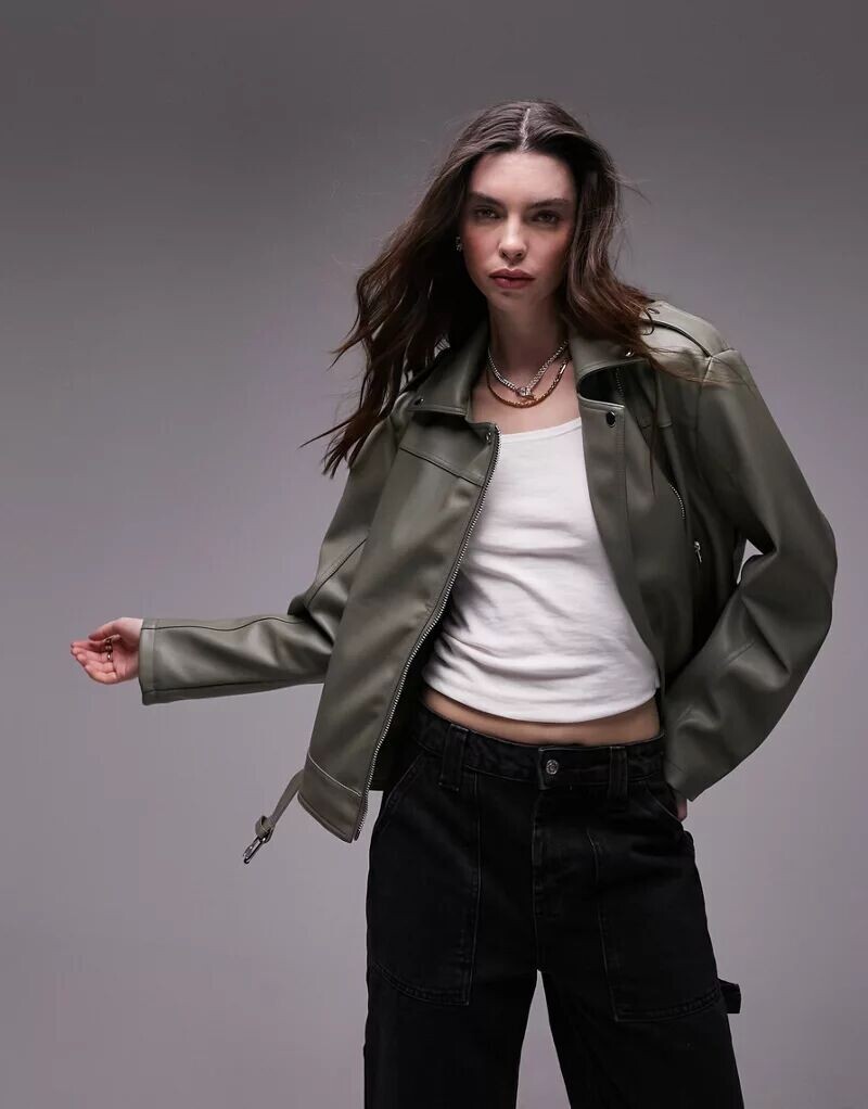 

Объемная байкерская куртка из искусственной кожи Topshop цвета хаки