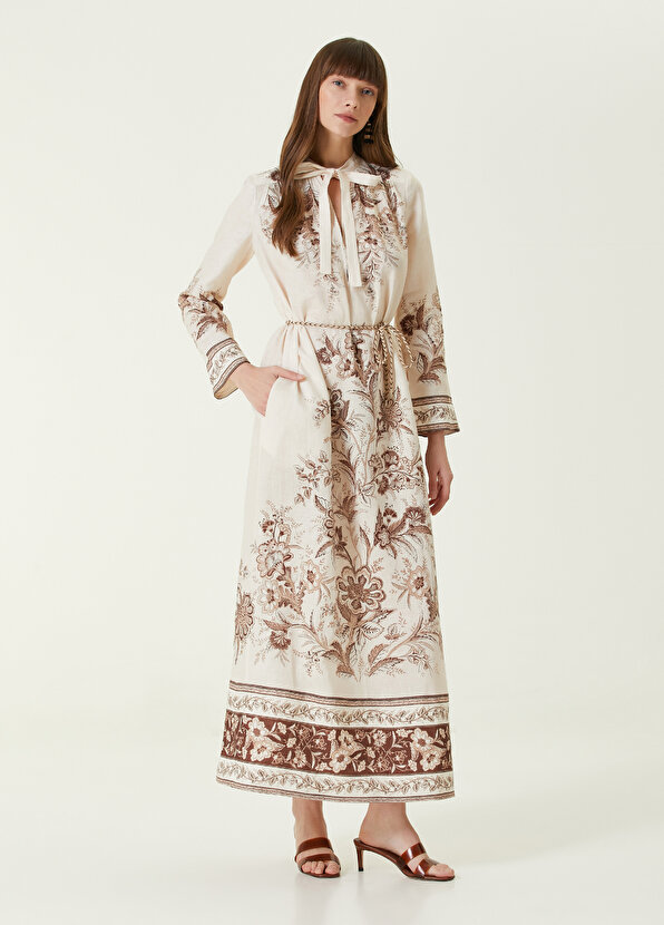 Льняное платье макси цвета экрю с цветочным принтом Zimmermann