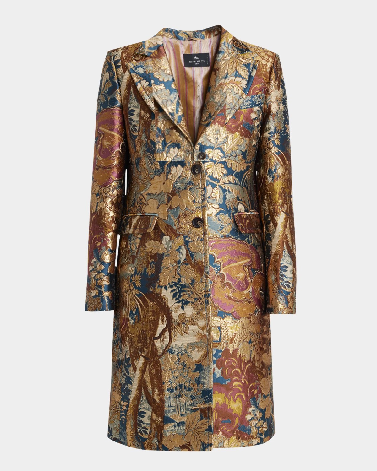 

Однобортное пальто из парчи Etro, цвет Multicol On Green Ba