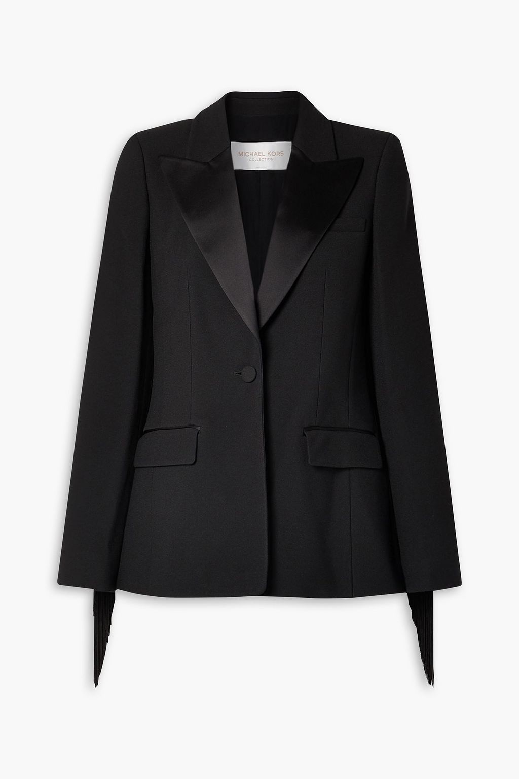 цена Креповый пиджак с атласной отделкой и бахромой MICHAEL KORS COLLECTION, черный