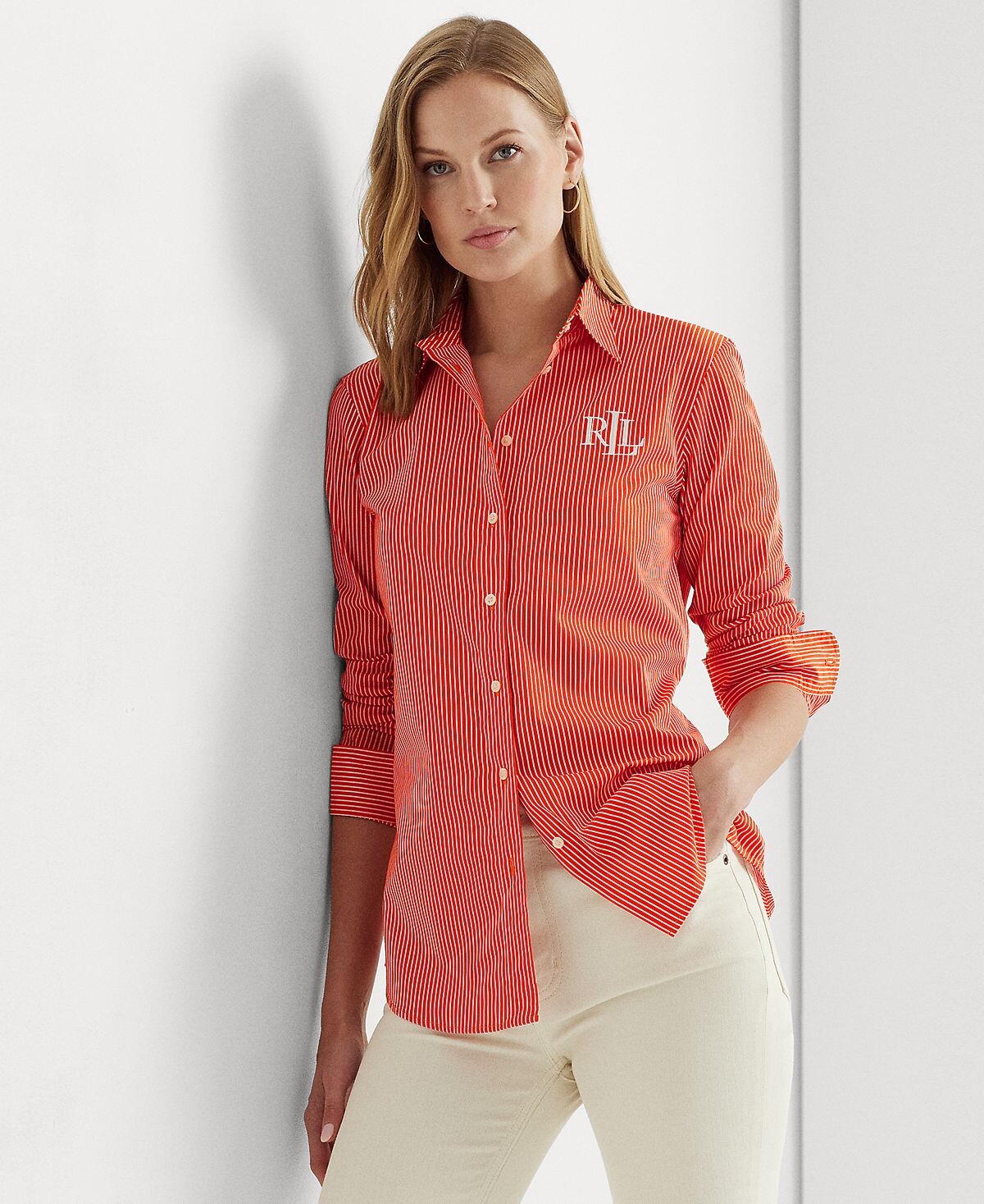 

Женская хлопковая рубашка в тонкую полоску Lauren Ralph Lauren