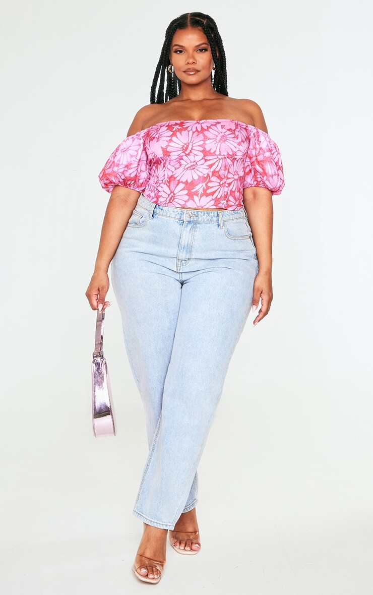 

PrettyLittleThing Розовый укороченный топ с пышными рукавами и цветочным принтом Plus