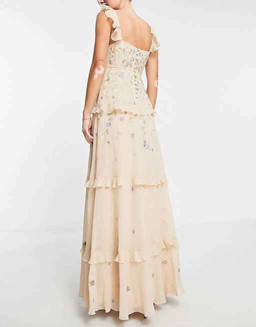 

Платье макси на бретельках с вышивкой цвета шампанского ASOS DESIGN Bridesmaid