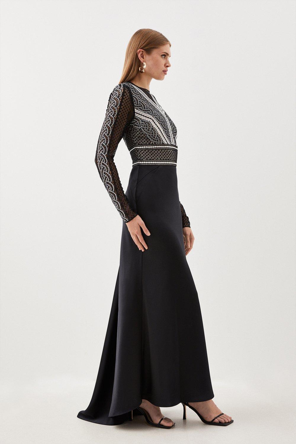 цена Миниатюрное гипюровое кружевное атласное платье макси Karen Millen, черный