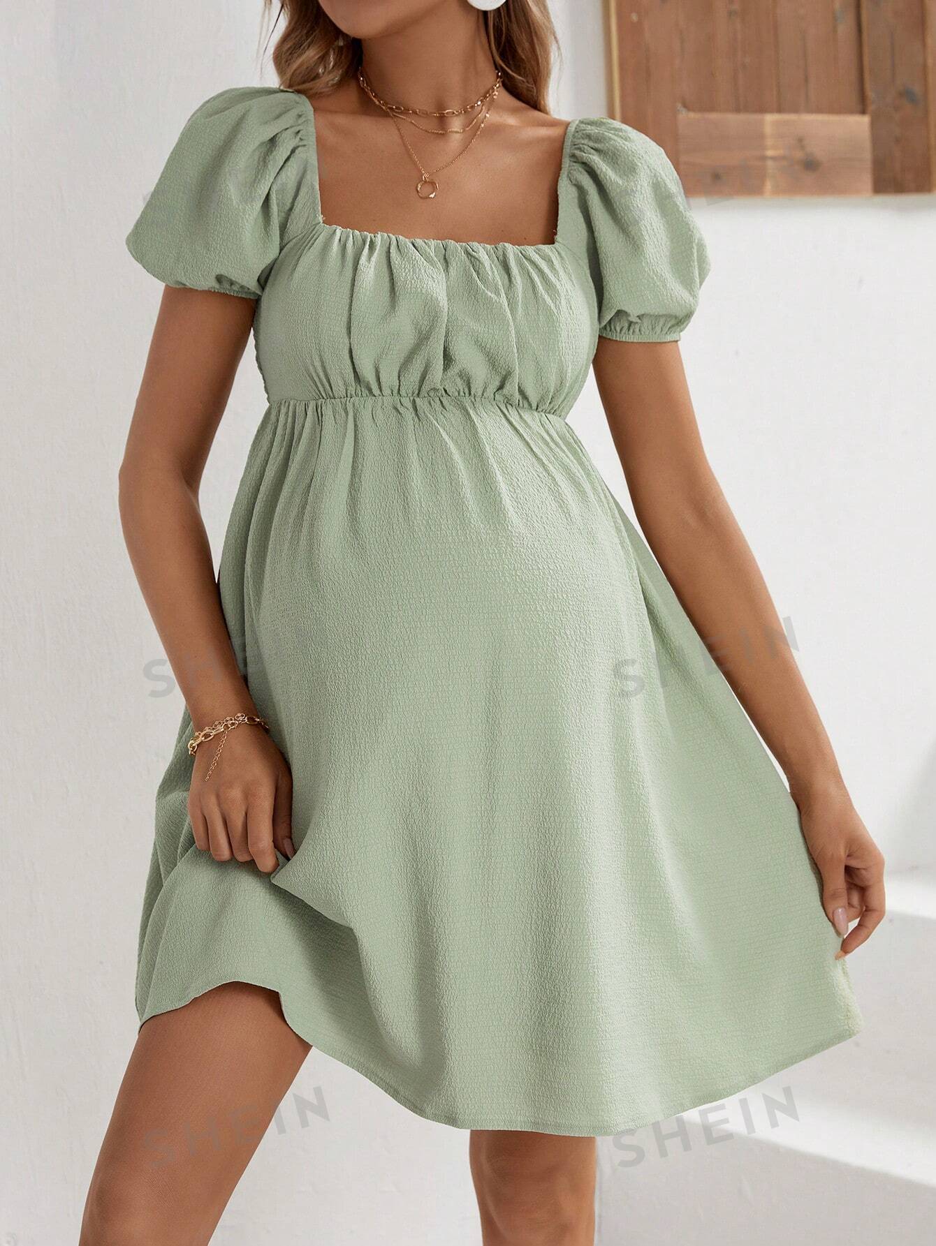 цена SHEIN Элегантное облегающее платье с квадратным вырезом и короткими рукавами для беременных для работы, зеленый