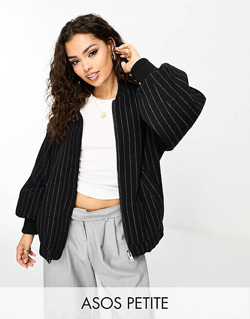 

Черная сатиновая куртка-бомбер в тонкую полоску ASOS DESIGN Petite, Черный