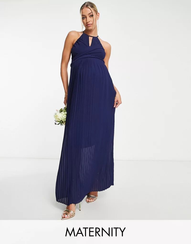 Темно-синее плиссированное платье макси с запахом TFNC Bridesmaid